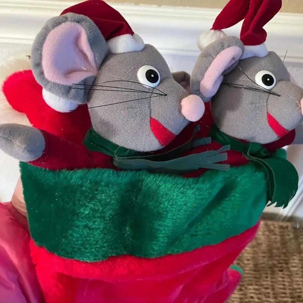 Vintage Velvet Stocking with 2 Gray Mice